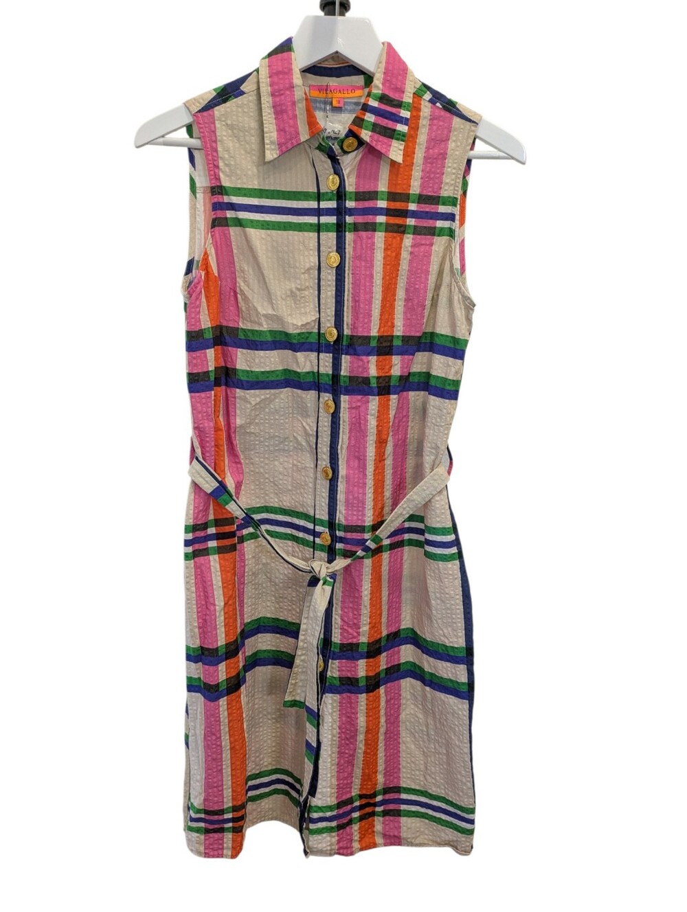 NWOT Vilagallo Manya Shirt Dress 38 US 6 Medium Herne Madras Plaid Seersucker